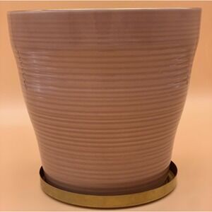 Modern Ribbed Ceramic Planter Pot with Gold Saucer Light pink